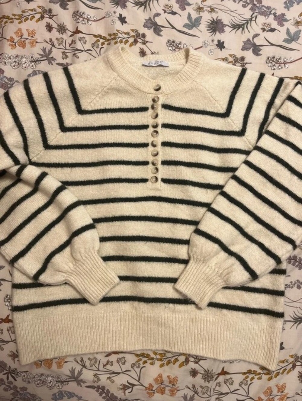 Shade & Shore Cream Sweater with Black Stripes and Button Placket